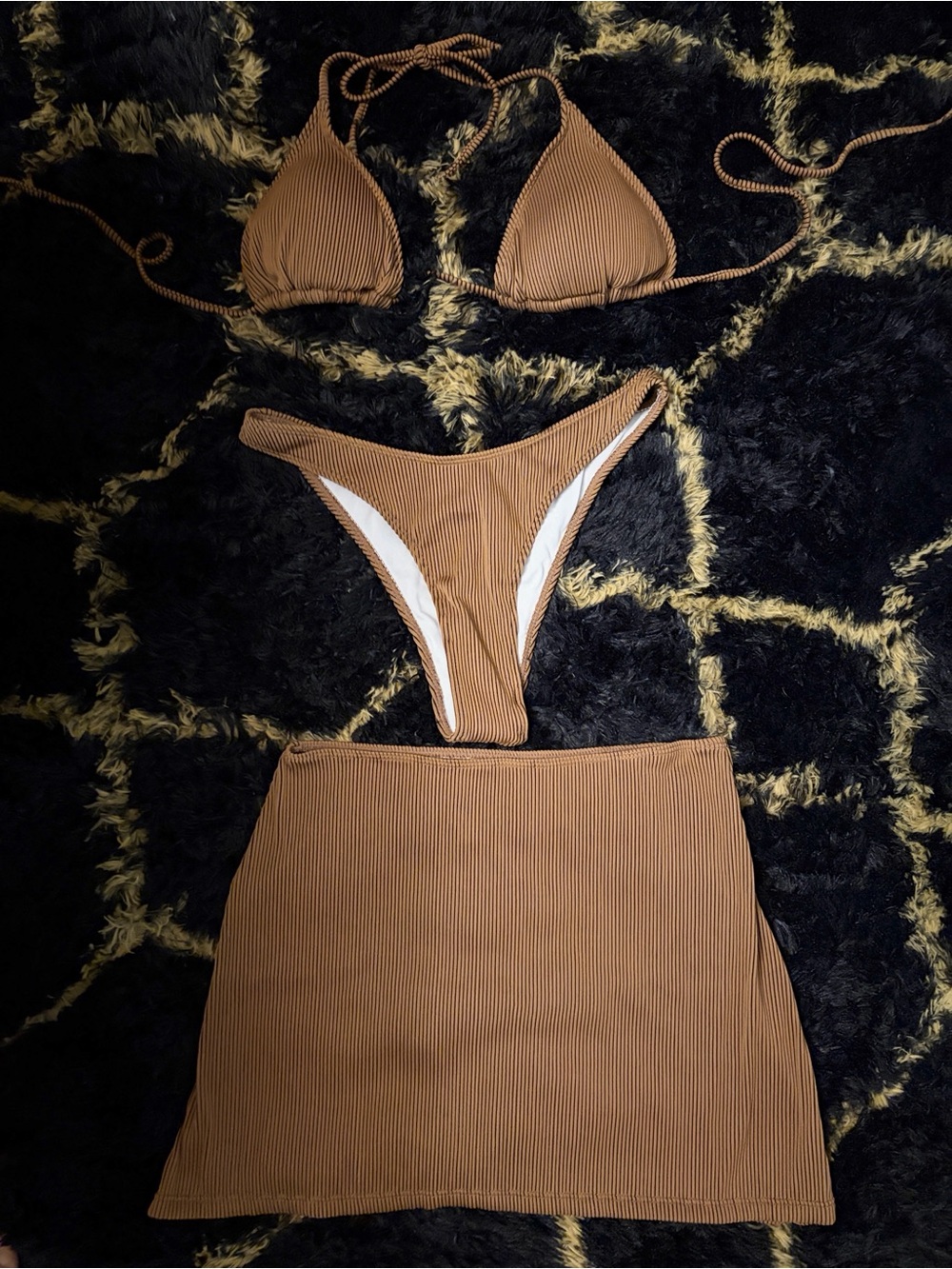 NEW-WITH PROTECTION LINER- Ribbed Brown Triangle Bikini Set with Matching Skirt